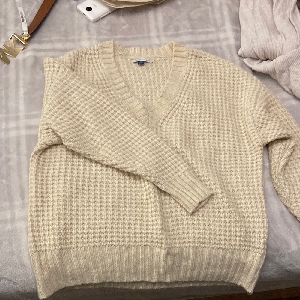 American Eagle Outfitters Cream V-Neck Sweater with Textured Knit RUNS BIG